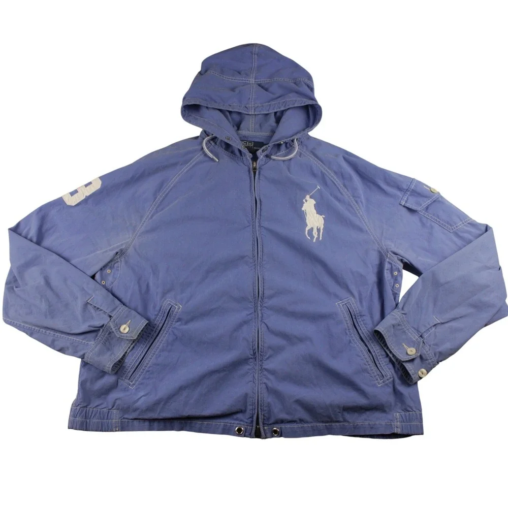 Polo Ralph Lauren Hooded Jacket Blue Big Pony 3 Patch Y2K Vintage XL Distressed